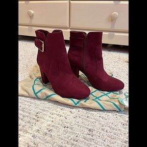 Burgundy/Plum suede booties with a gold buckle Brand New, Never Worn!
